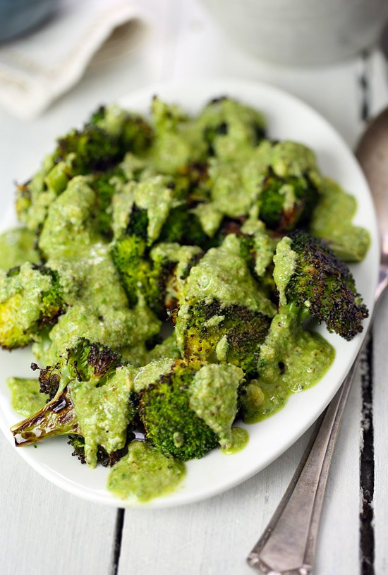 Fast-roasted broccoli with toasted almond and basil sauce