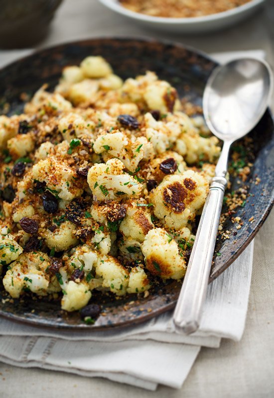 Sicilian roasted cauliflower with raisins and whole wheat chili-anchovy crumb