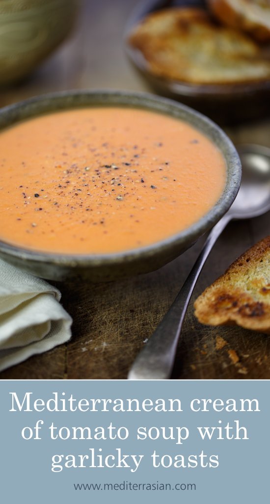 Mediterranean cream of tomato soup with garlicky toasts