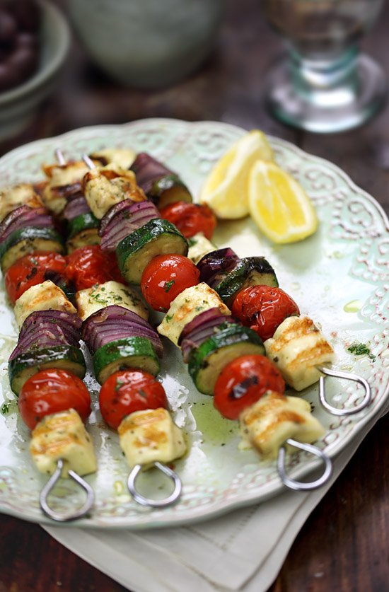 Grilled halloumi and vegetable skewers