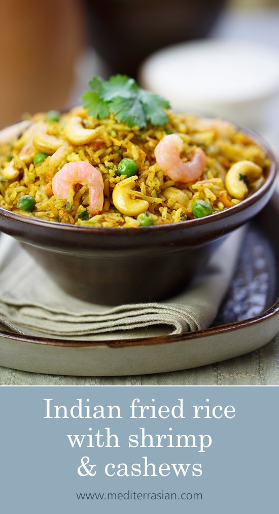 Indian fried rice with shrimp and cashews