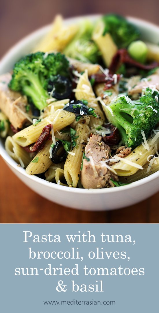 Pasta with tuna, broccoli, olives, sun-dried tomatoes and basil
