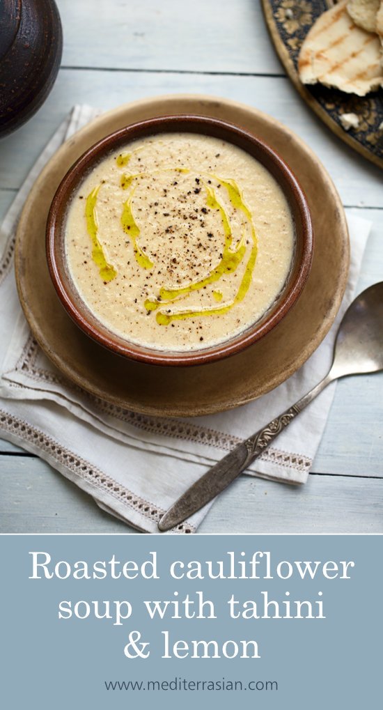 Roasted cauliflower soup with tahini and lemon