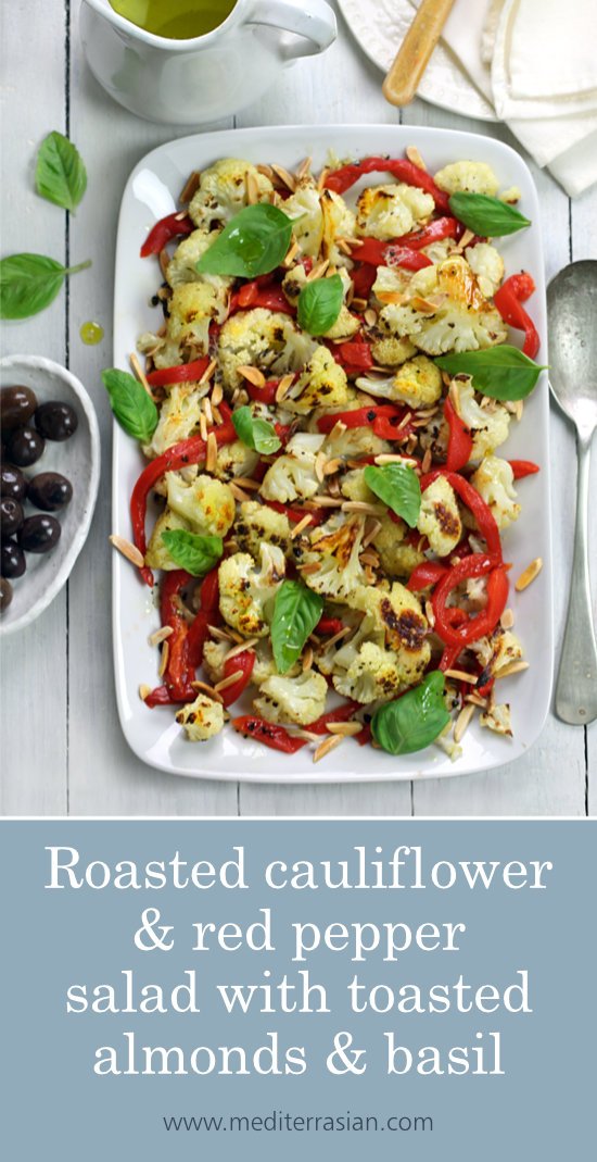 Roasted cauliflower and red pepper salad with toasted almonds and basil