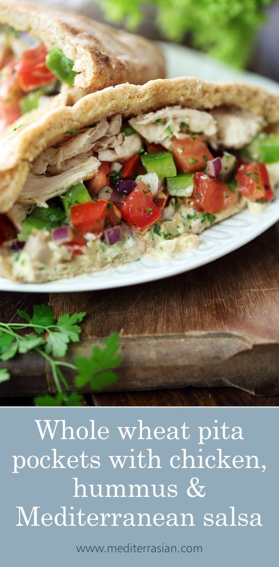 Whole wheat pita pockets with chicken, hummus and Mediterranean salsa Whole wheat pita pockets with chicken, hummus and Mediterranean salsa