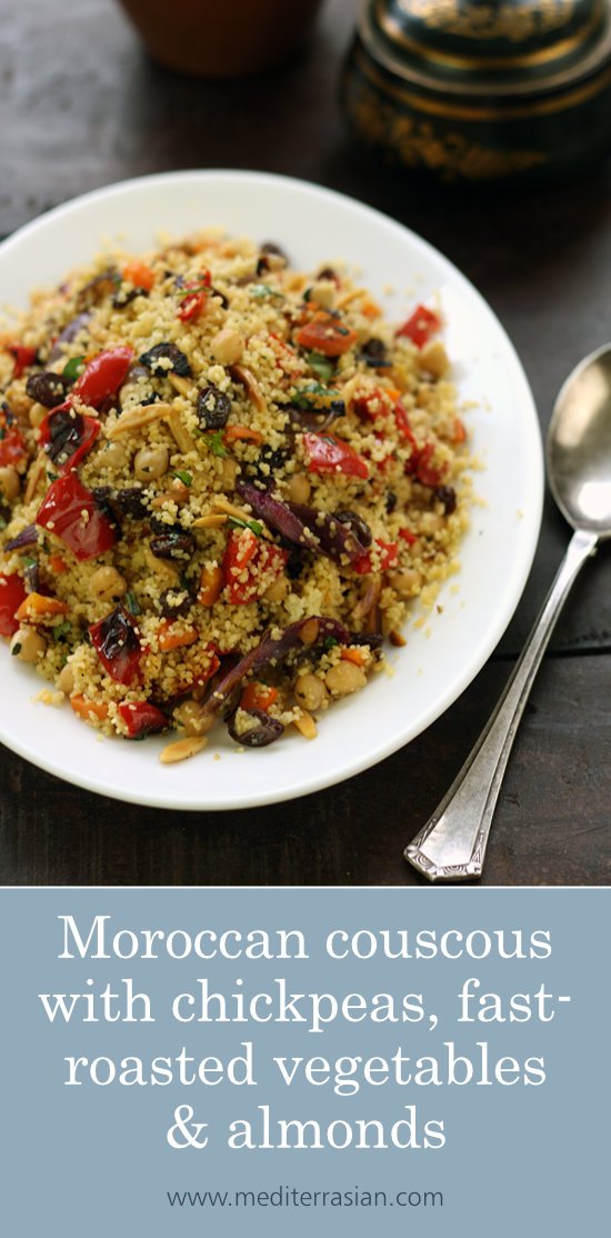 Moroccan couscous with chickpeas, fast-roasted vegetables and almonds