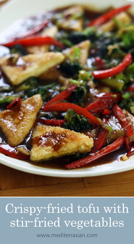 Crispy-fried tofu with stir-fried vegetables and soy-sesame sauce Crispy-fried tofu with stir-fried vegetables and soy-sesame sauce