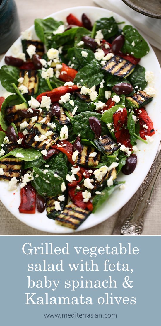 Grilled vegetable salad with feta, baby spinach and Kalamata olives Grilled vegetable salad with feta, baby spinach and Kalamata olives