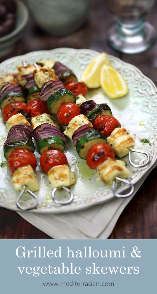 Grilled halloumi and vegetable skewers