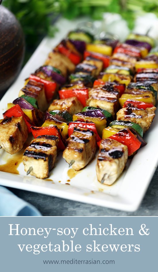 Honey-soy chicken and vegetable skewers