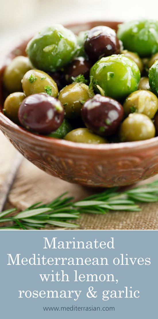 Marinated Mediterranean olives with lemon, rosemary and garlic