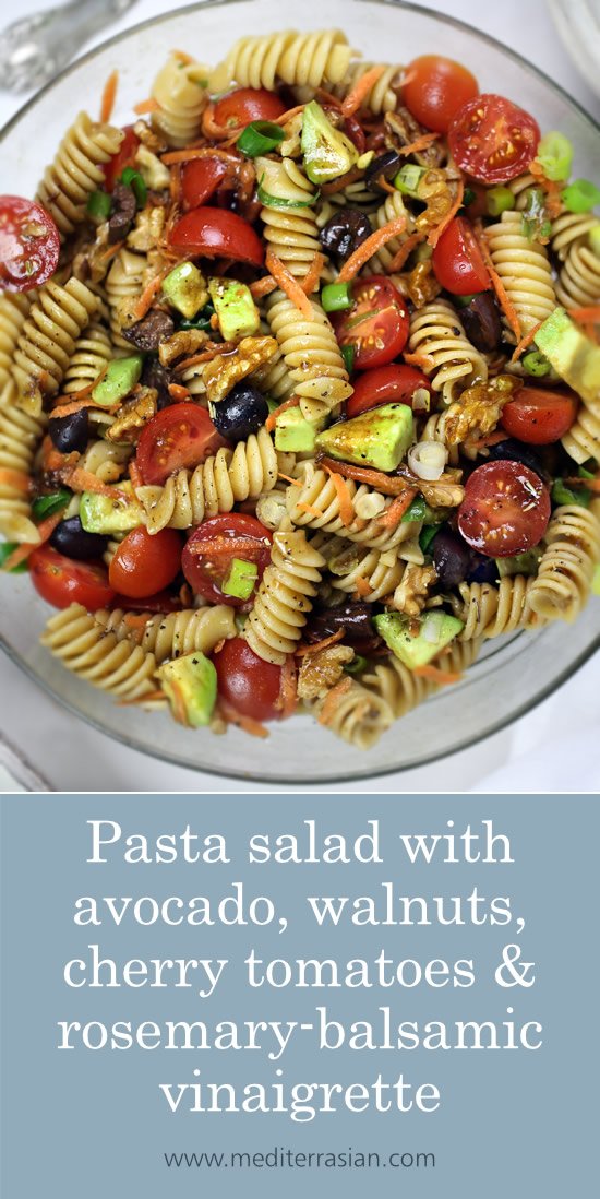 Pasta salad with avocado, walnuts, cherry tomatoes and rosemary-balsamic vinaigrette