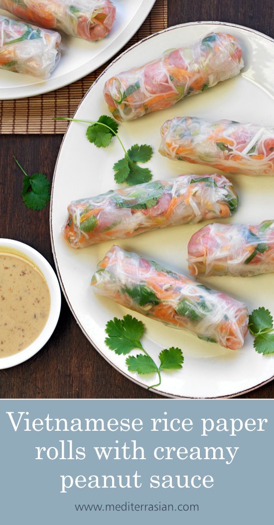 Vietnamese rice paper rolls with creamy peanut sauce