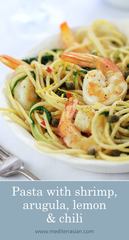 Pasta with shrimp, arugula, lemon and chili