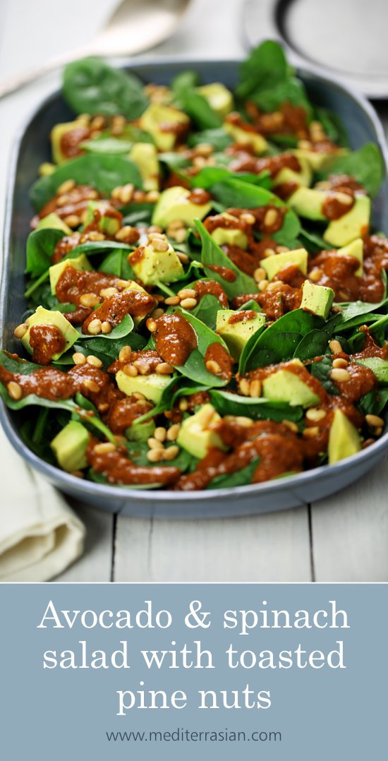 Avocado and spinach salad with toasted pine nuts and sundried tomato-balsamic dressing Avocado and spinach salad with toasted pine nuts and sundried tomato-balsamic dressing