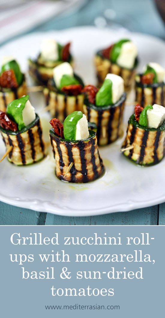 Grilled zucchini roll-ups with mozzarella, basil and sun-dried tomatoes